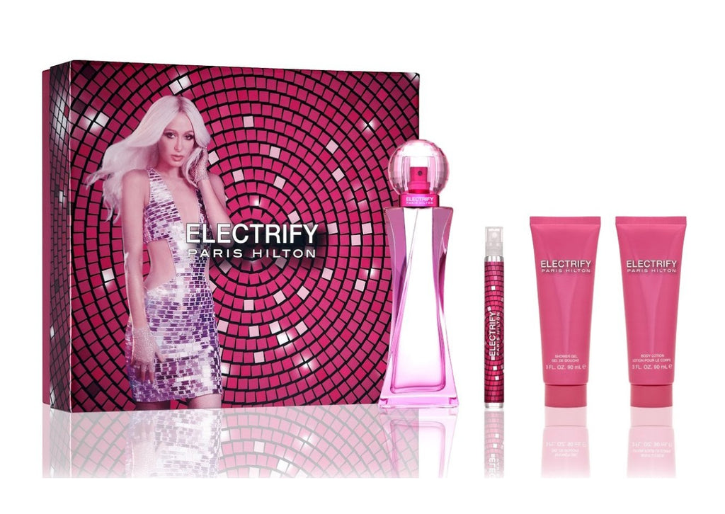 PARIS HILTON ELECTRIFY Eau De Parfum Spray 3.4oz + 0.34oz Mini/Body Lotion + Shower Gel 3oz